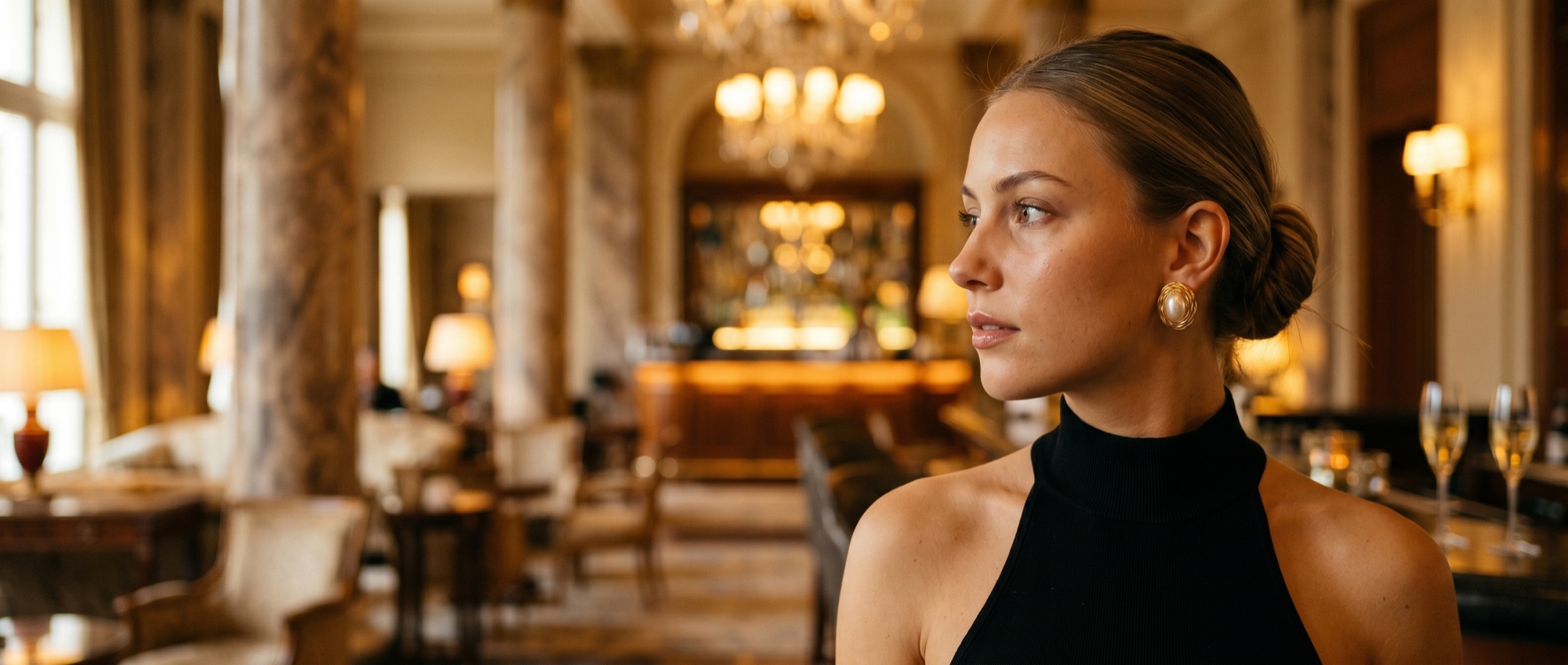 Suli Bijoux - The Première Collection - Woman wearing gold pearl earring in luxury European hotel