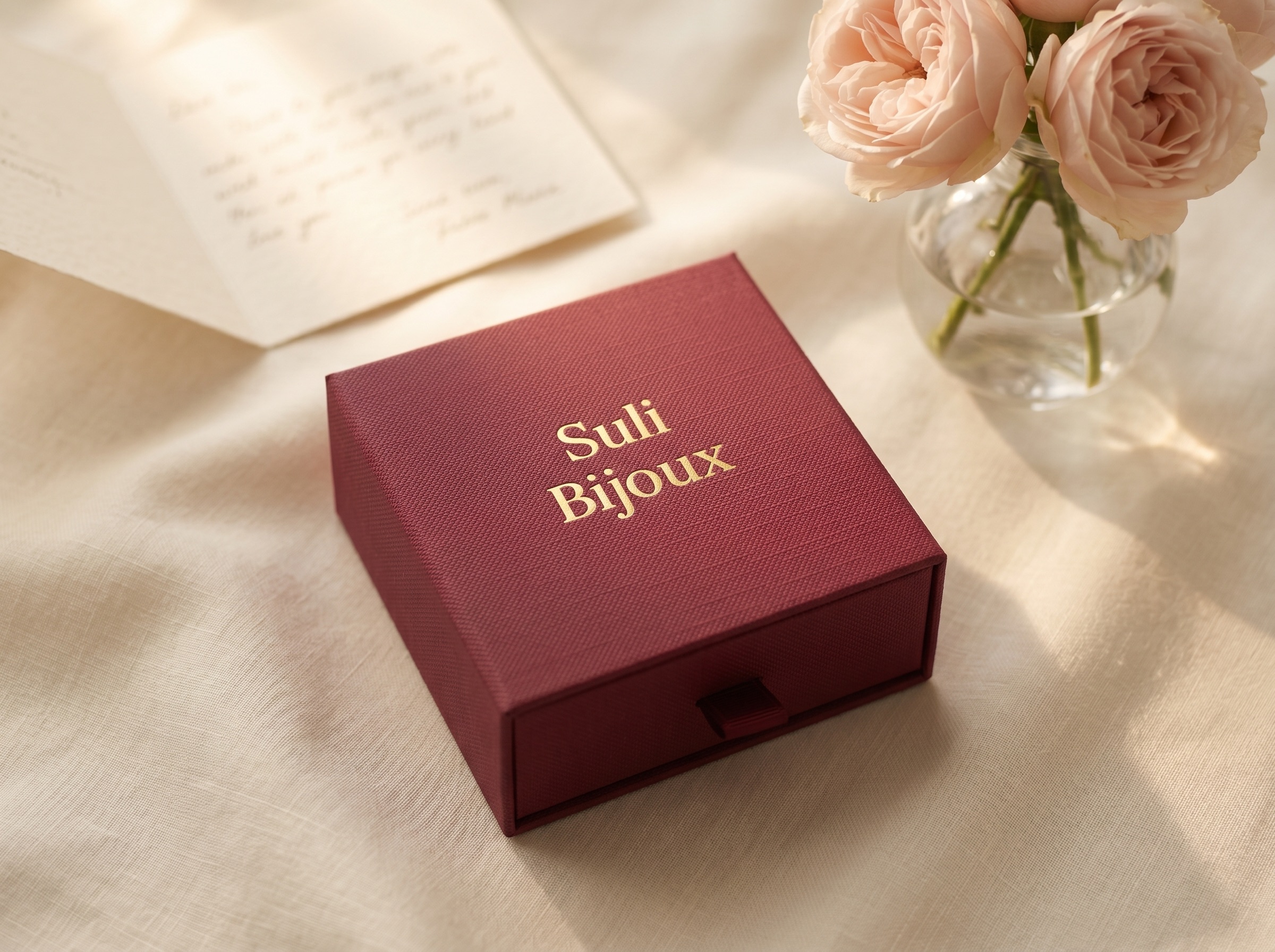 Suli Bijoux cream presentation box with gold foil logo and burgundy velvet interior - gift-ready packaging