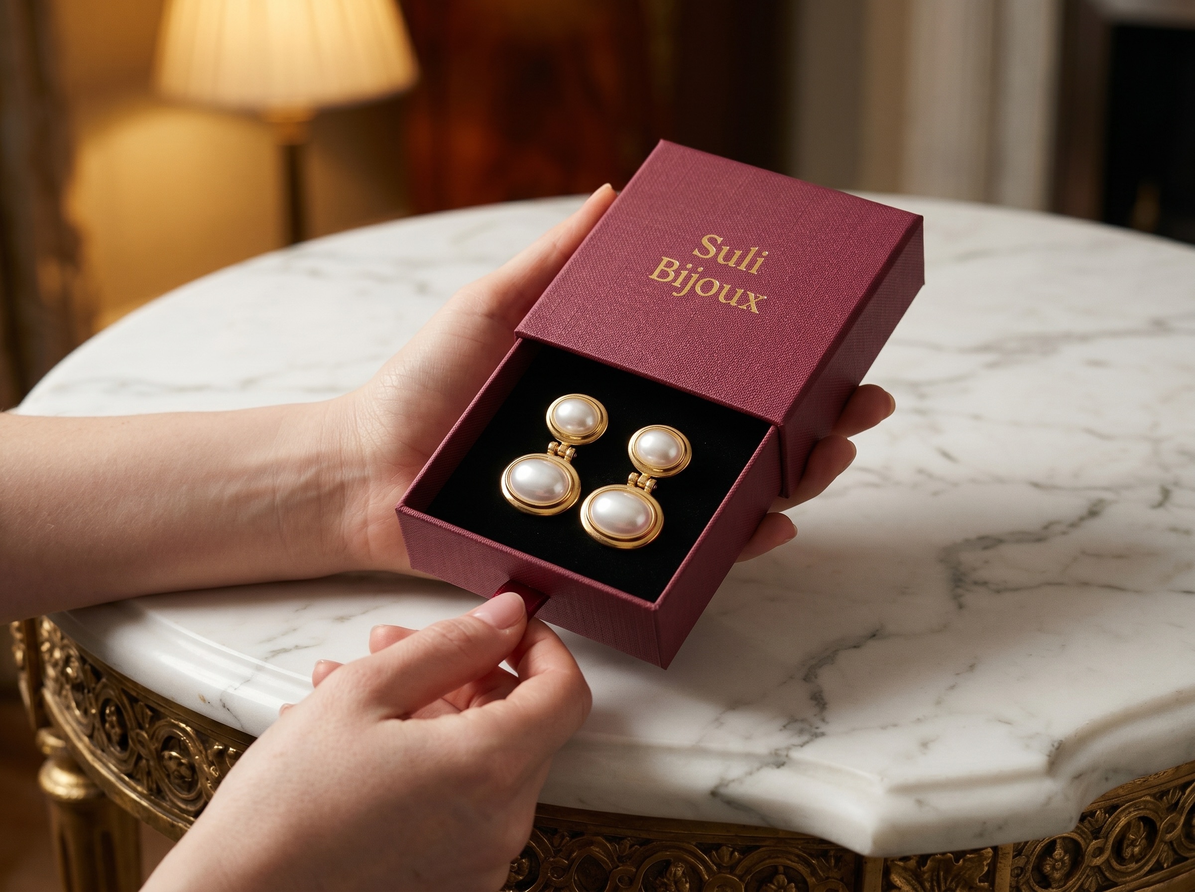 Suli Bijoux box open with earrings on burgundy velvet, overhead flat-lay on marble surface