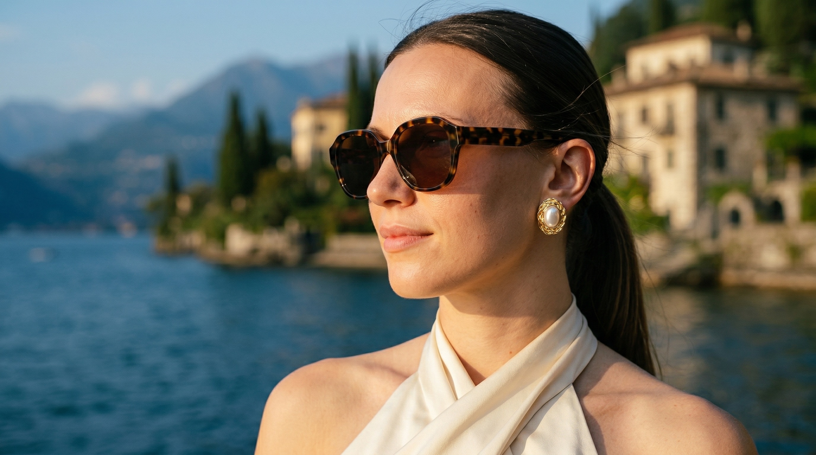 Woman in golden-hour light wearing Suli Bijoux statement earrings - The Première Collection