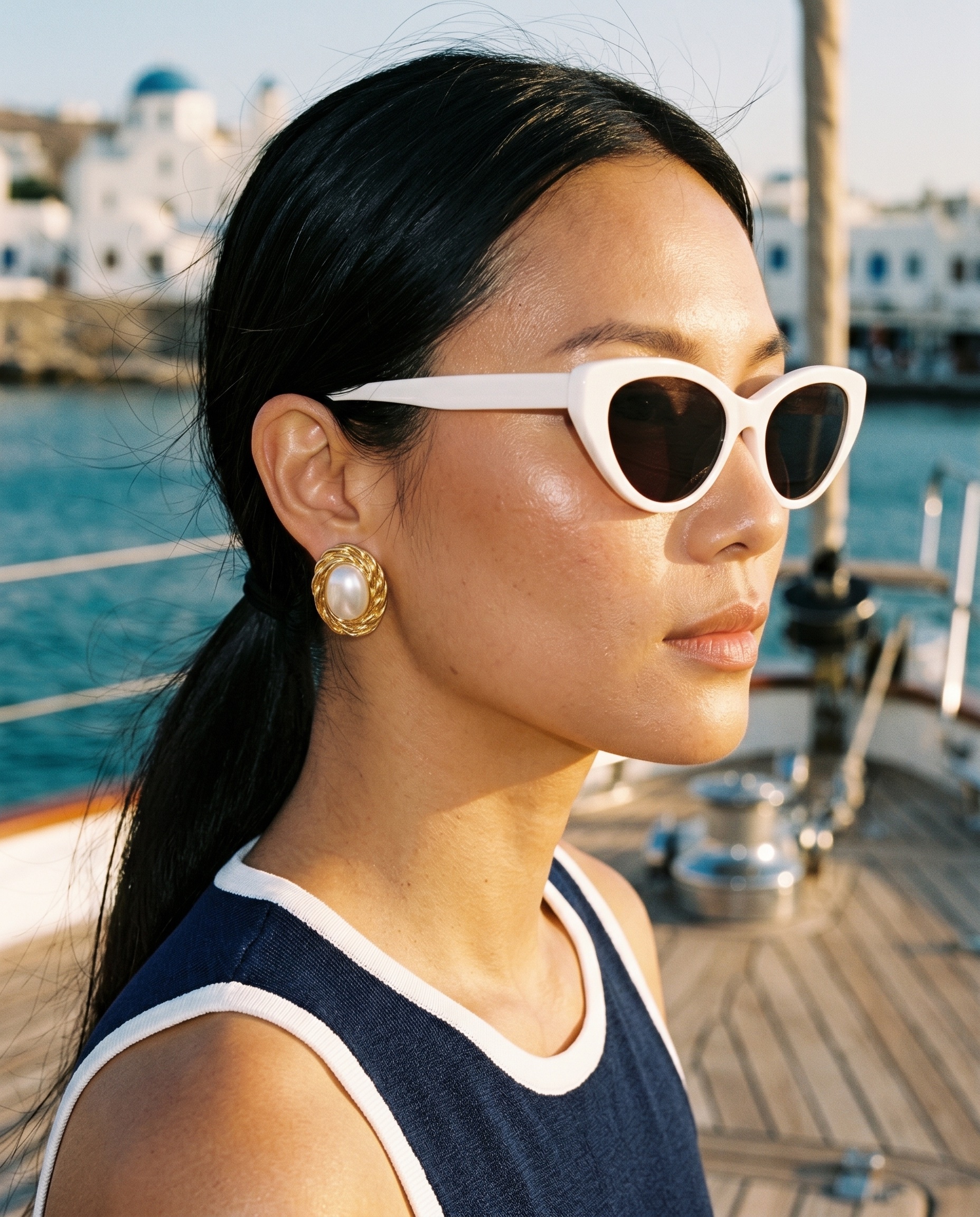 Woman wearing Suli Bijoux Opéra earrings at a Parisian café